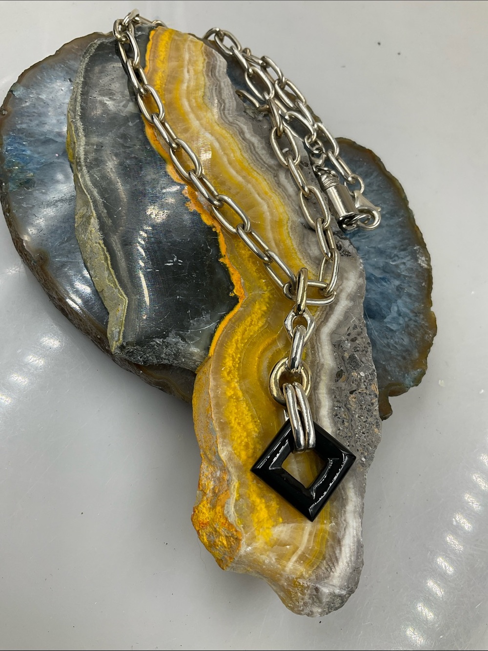 Vintage 18” Sterling Silver Chain Necklace W/Black Onyx Gemstone Pendant (2”) - Picture 10 of 14